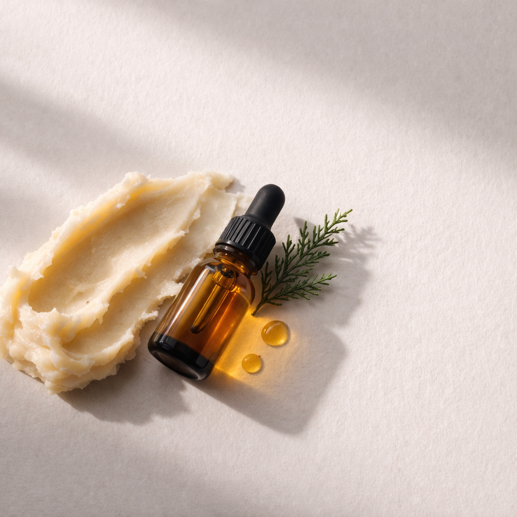 Amber glass dropper bottle with a green leaf on a light beige background