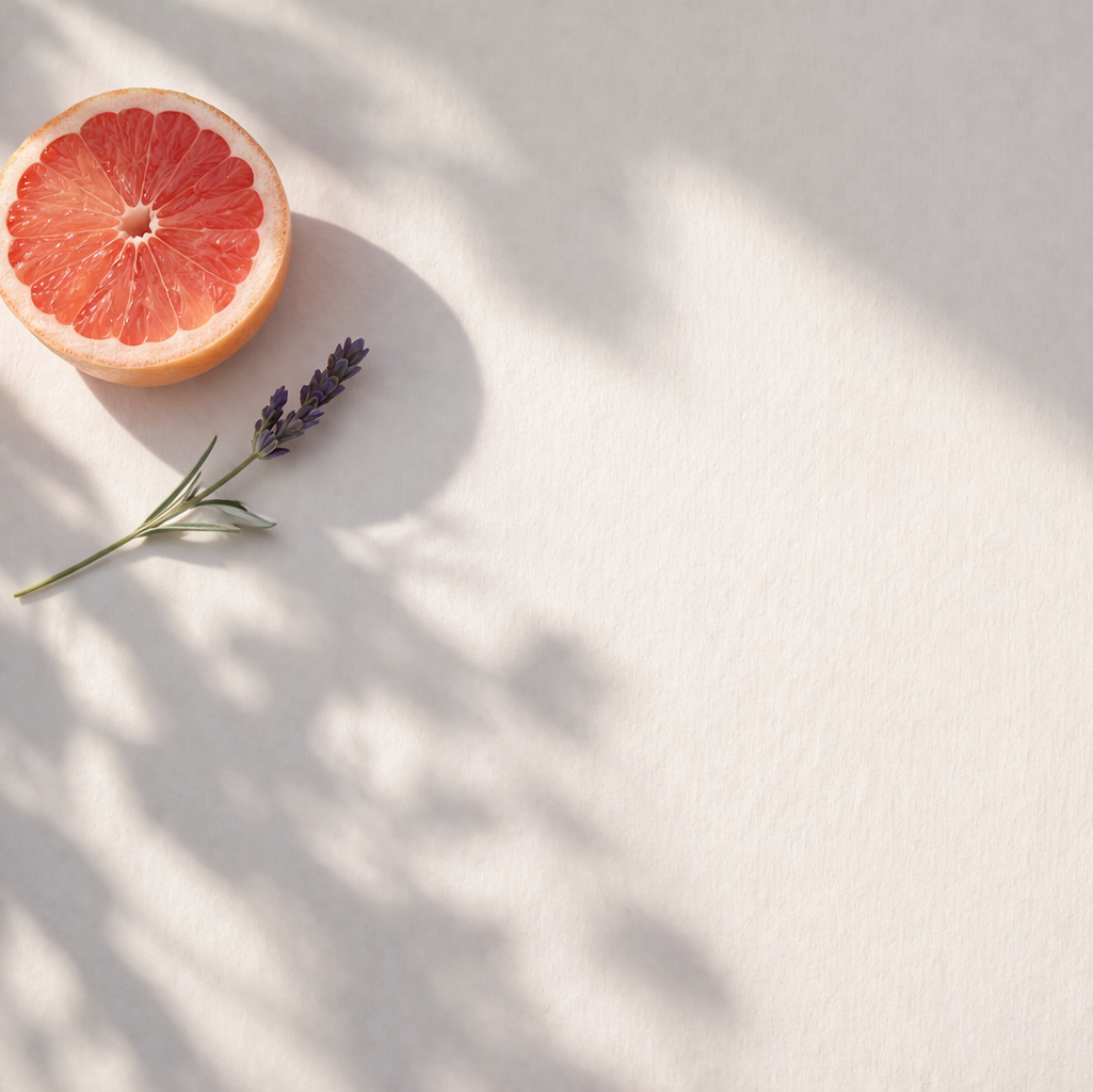 Half of a grapefruit and a sprig of lavender on a light surface with shadow patterns