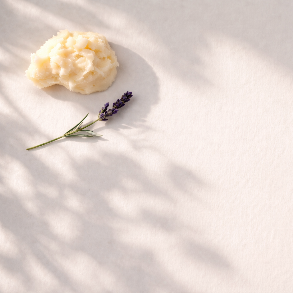 Creamy substance with a sprig of lavender on a light background